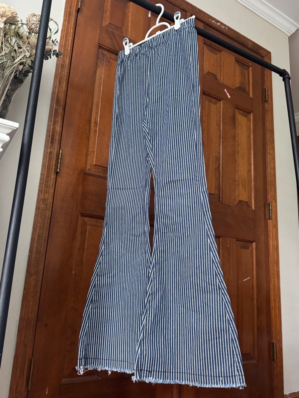 Altar'd State Navy and White Pinstripe Flare Jeans